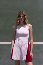 Beyond Court Calla Pleated Dress in Powder Petal / Garnet