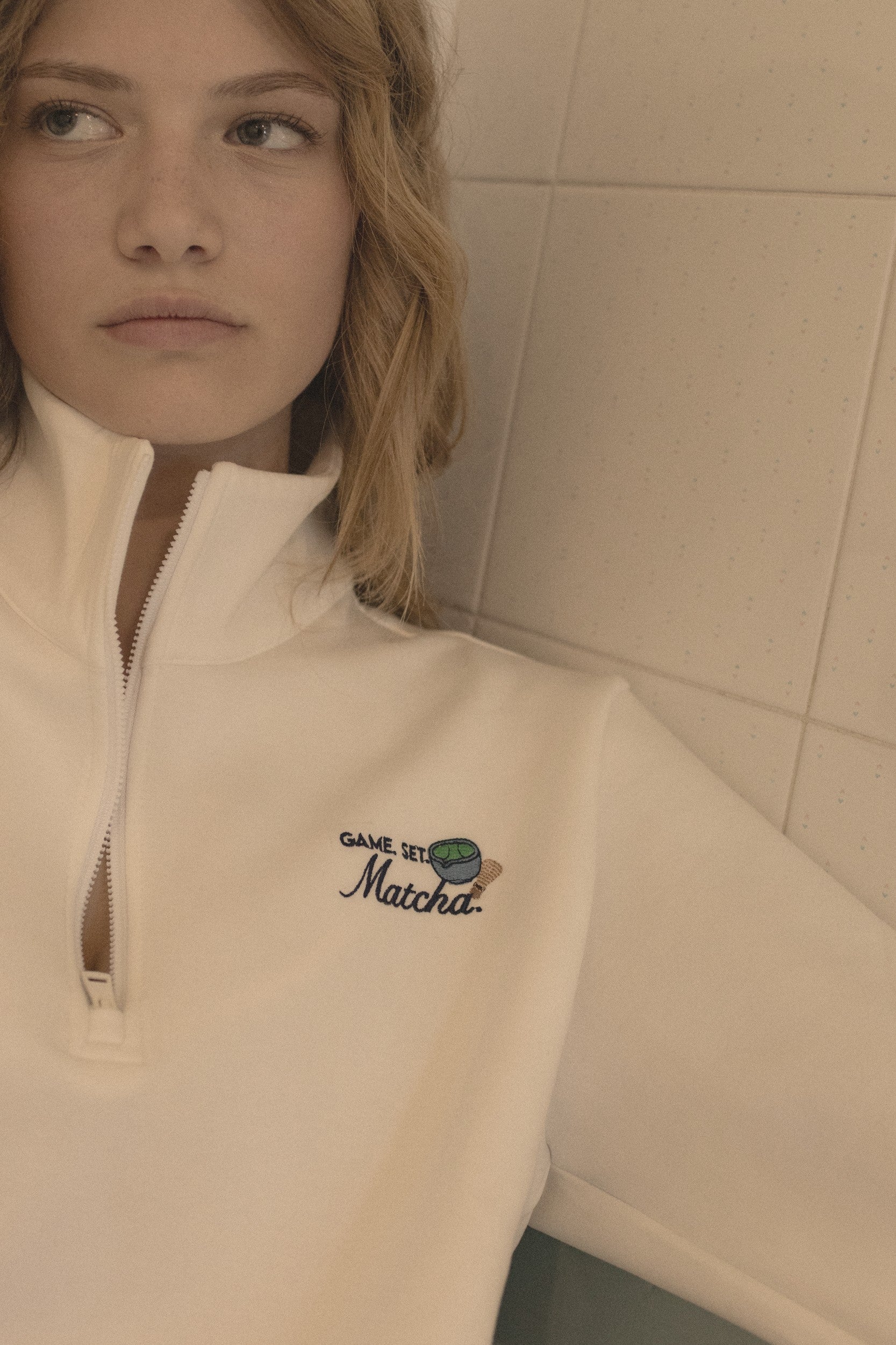 Beyond Court Courtside Quarter Zip Fleece in Ivory