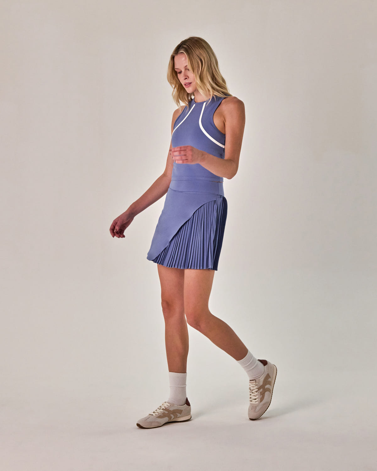 Beyond Court Varsity Pleated Skirt — full three quarter in Heritage Blue