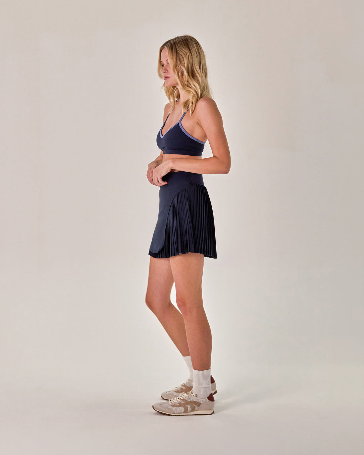 Beyond Court Varsity Pleated Skirt — full side in Oxford Navy