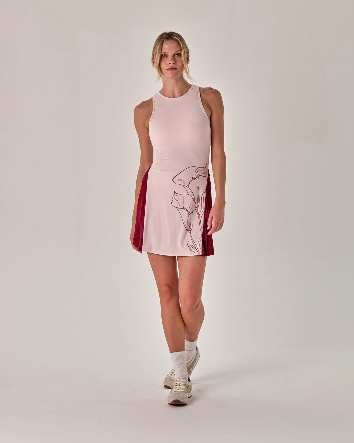 Beyond Court Calla Pleated Dress — full front in Powder Petal