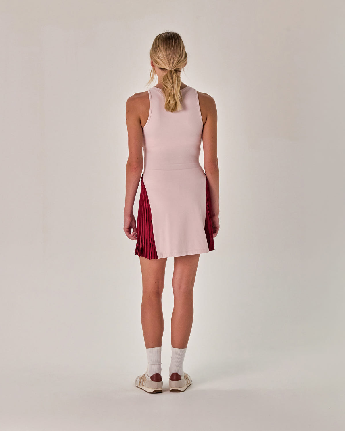 Beyond Court Calla Pleated Dress — full back in Powder Petal