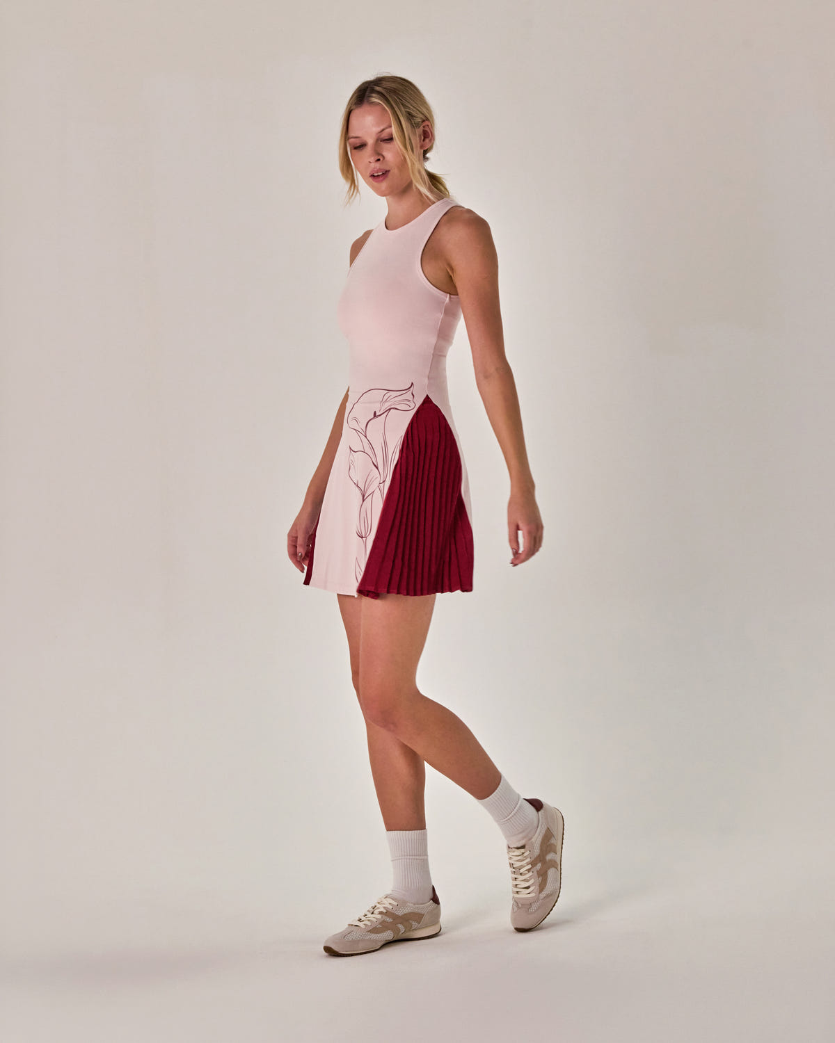 Beyond Court Calla Pleated Dress — full three quarter in Powder Petal
