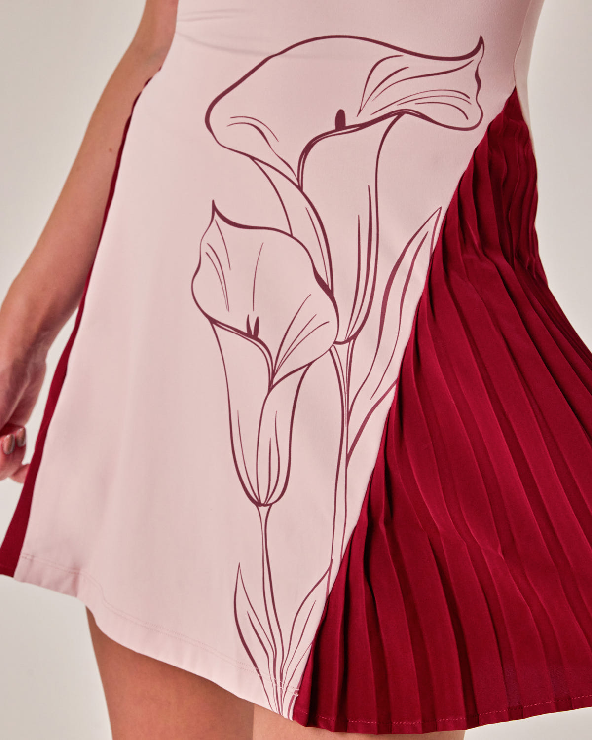 Beyond Court Calla Pleated Dress — detail print in Powder Petal