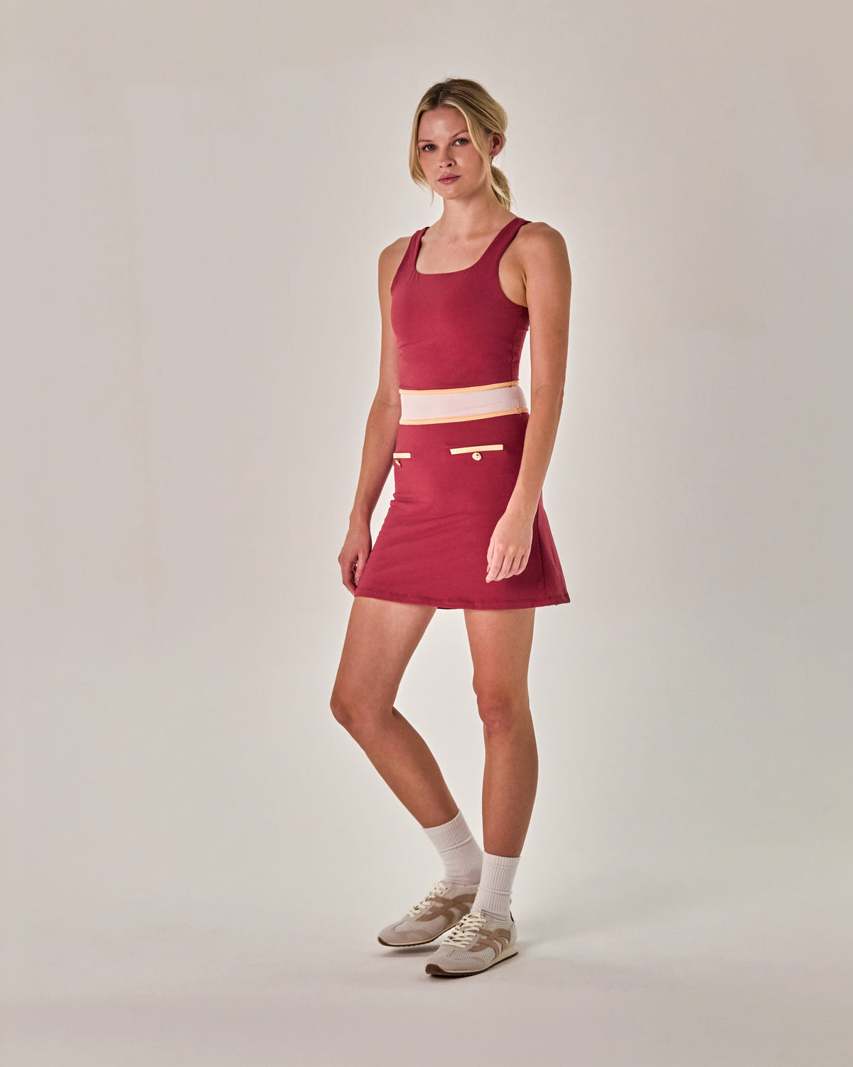 Beyond Court Sloane A-line Dress — full three quarter in Garnet